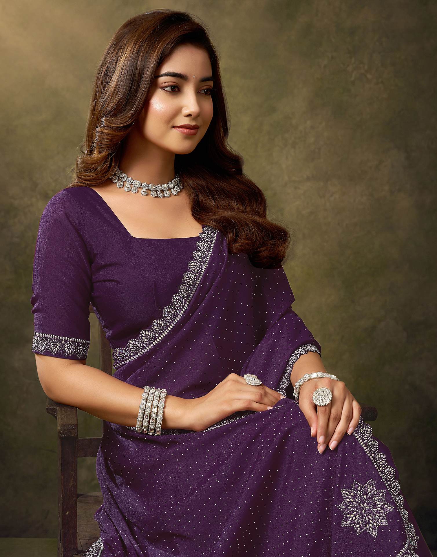 Dark Purple Silk Stone Work Embellished Saree