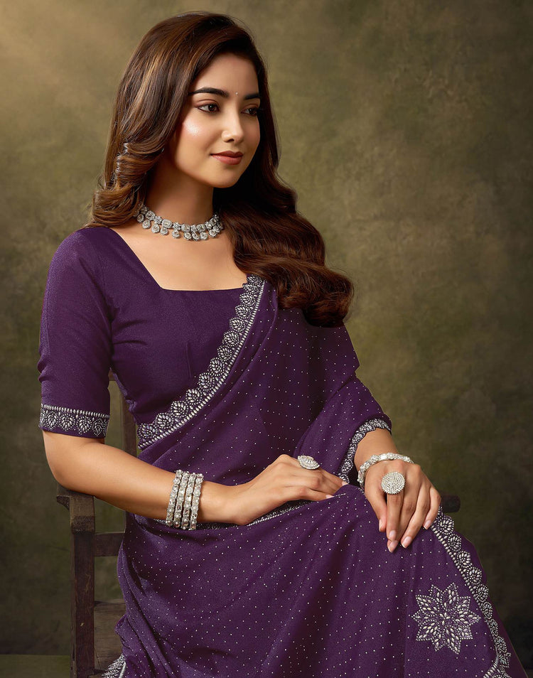 Dark Purple Silk Stone Work Embellished Saree