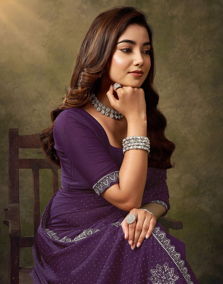 Dark Purple Silk Stone Work Embellished Saree