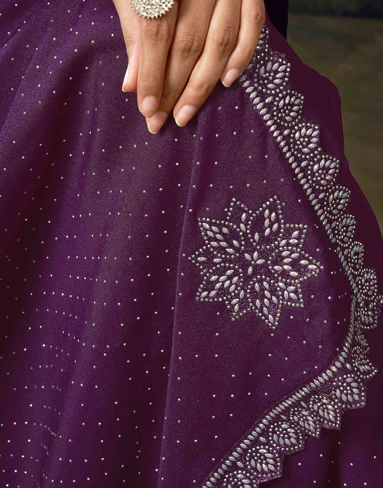 Dark Purple Silk Stone Work Embellished Saree