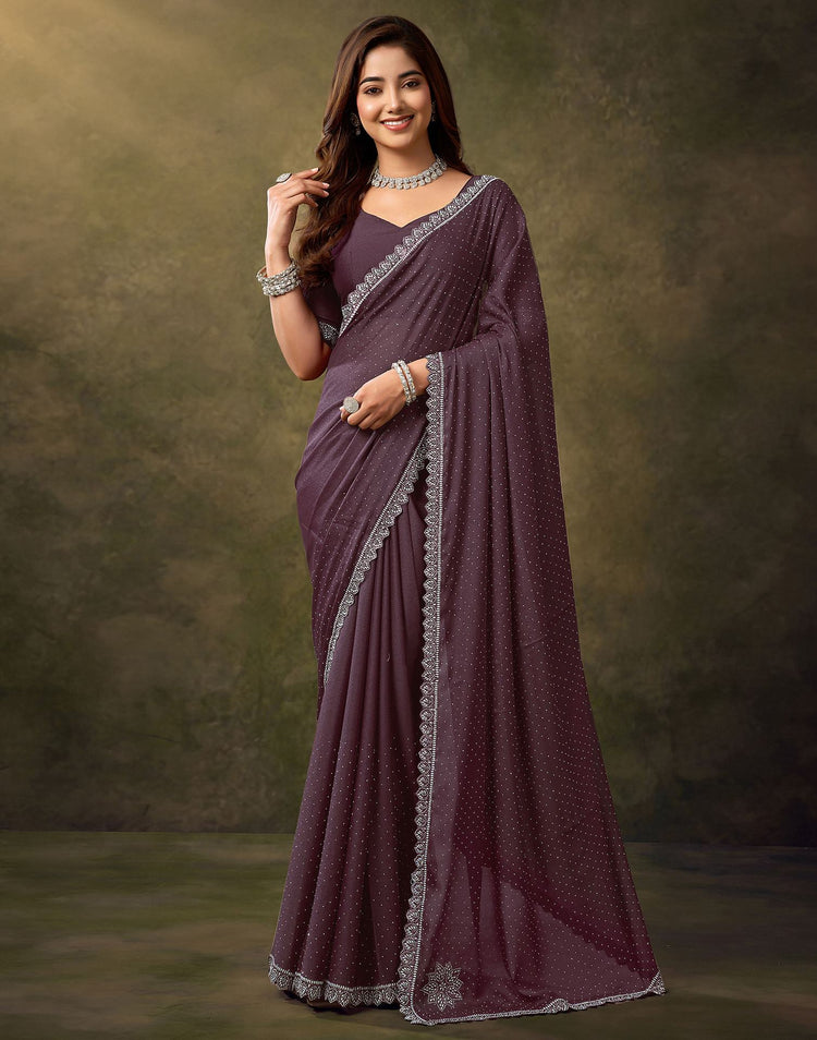 Dusty Wine Silk Stone Work Embellished Saree