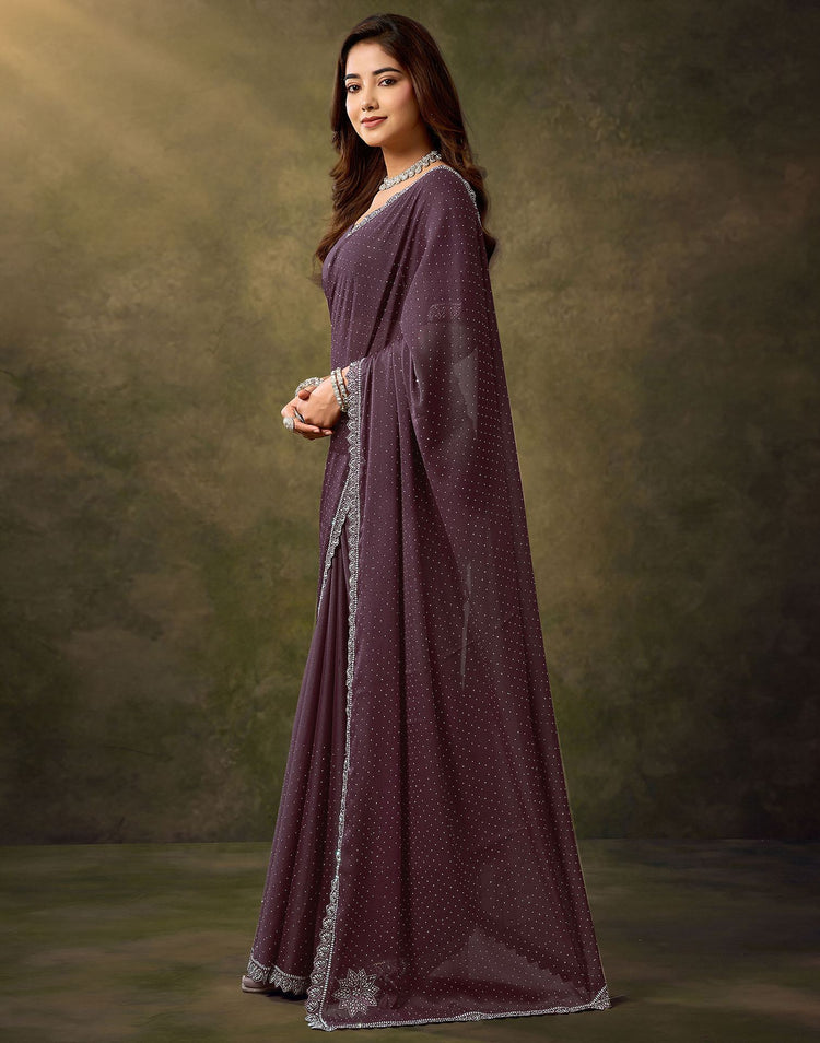Dusty Wine Silk Stone Work Embellished Saree