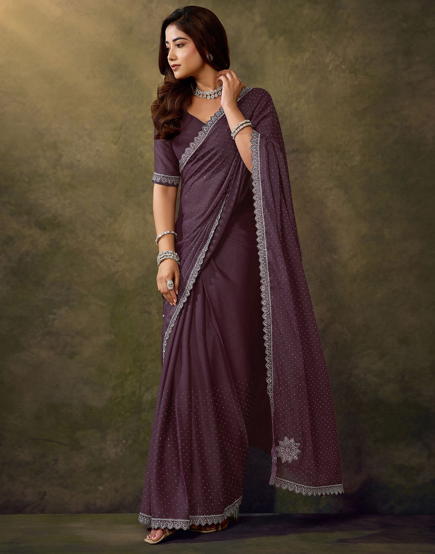 Dusty Wine Silk Stone Work Embellished Saree