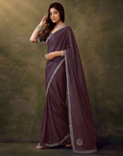 Dusty Wine Silk Stone Work Embellished Saree