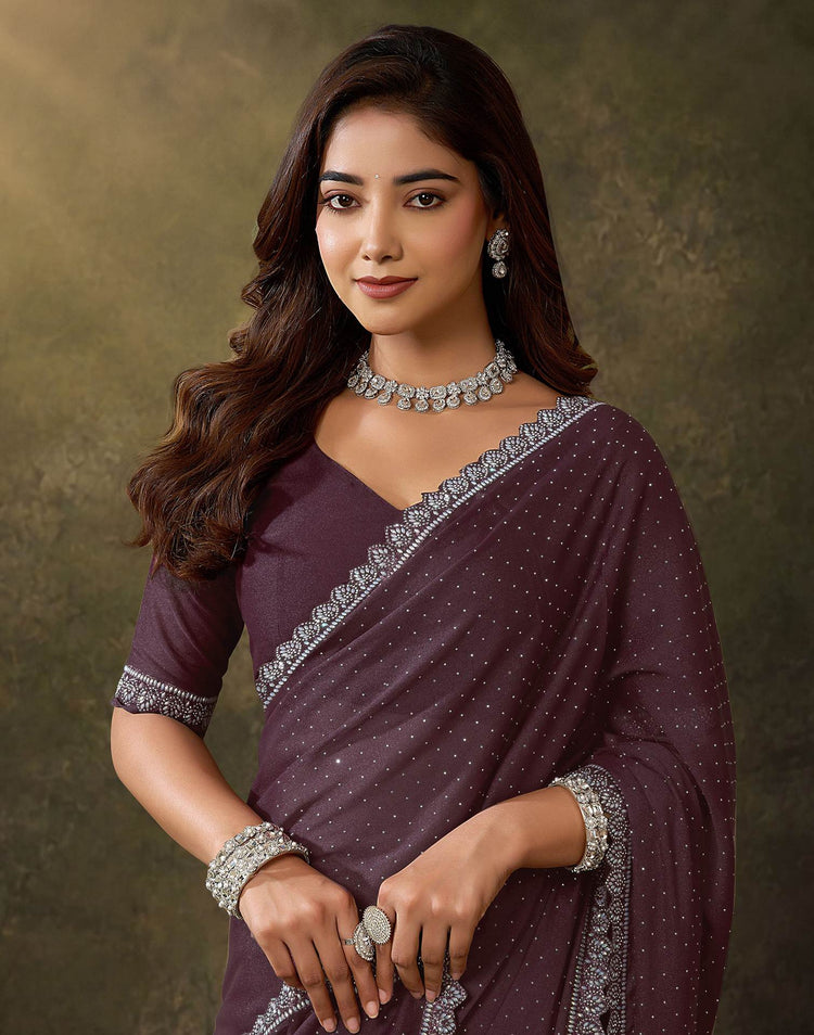 Dusty Wine Silk Stone Work Embellished Saree