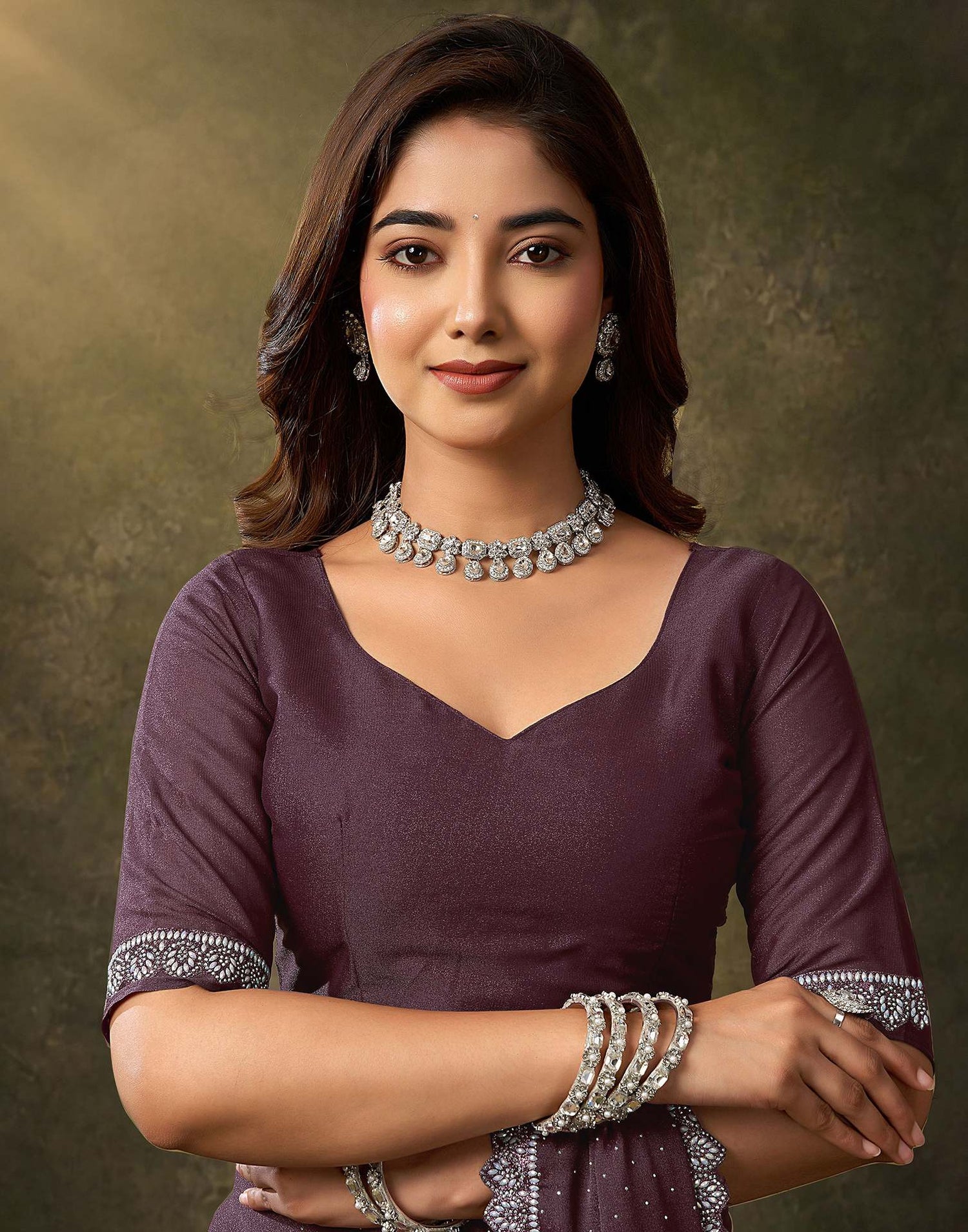 Dusty Wine Silk Stone Work Embellished Saree