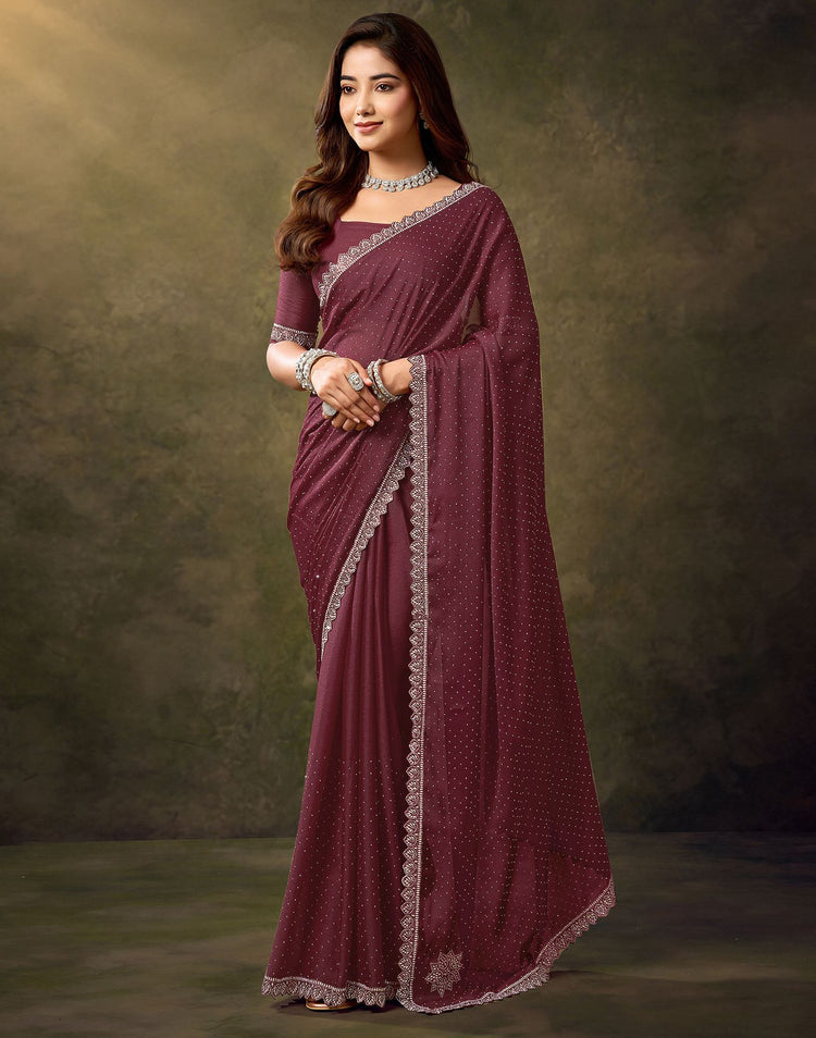 Maroon Silk Stone Work Embellished Saree