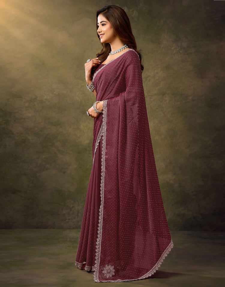 Maroon Silk Stone Work Embellished Saree