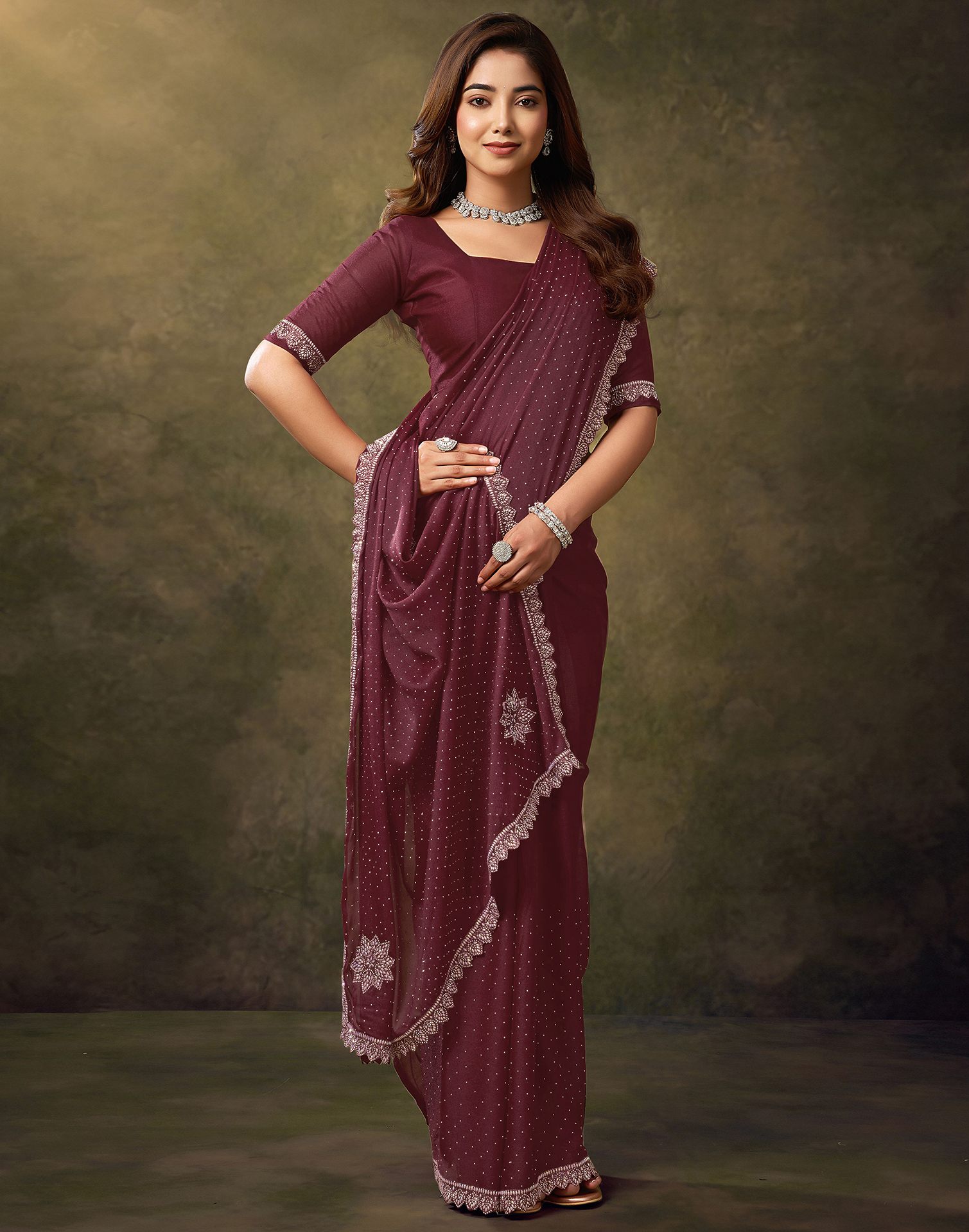 Maroon Silk Stone Work Embellished Saree