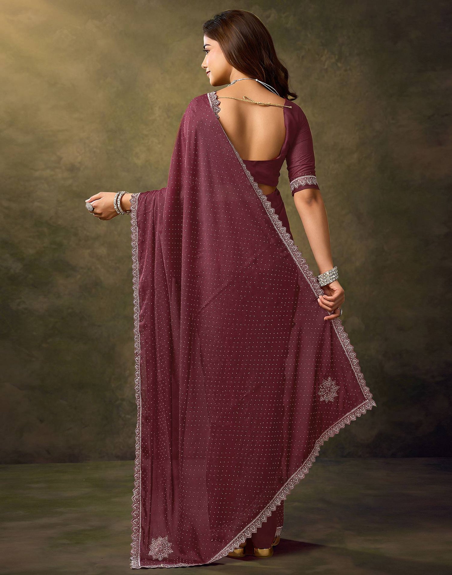 Maroon Silk Stone Work Embellished Saree