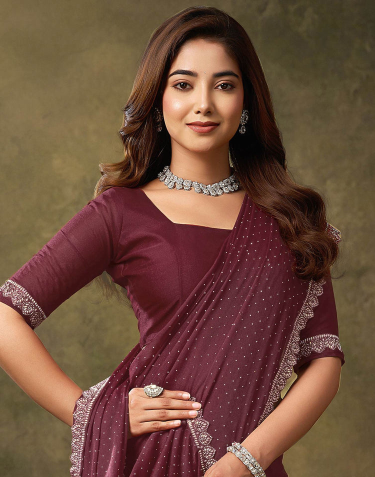 Maroon Silk Stone Work Embellished Saree