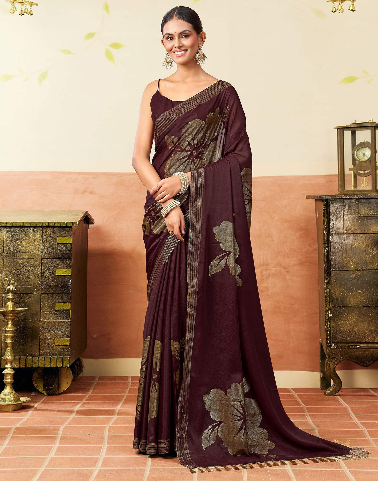 Wine Georgette Foil Printed Saree