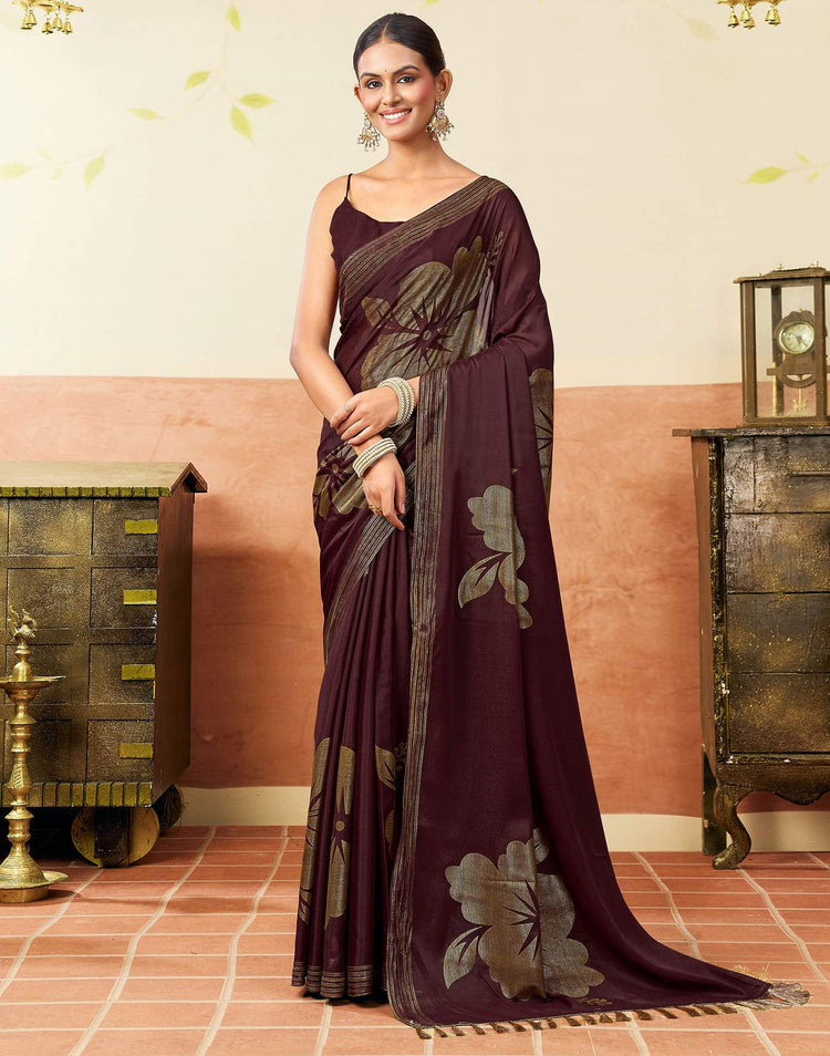 Wine Georgette Foil Printed Saree