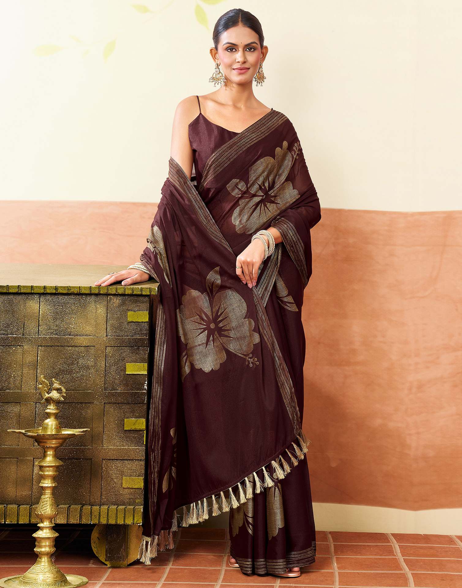 Wine Georgette Foil Printed Saree