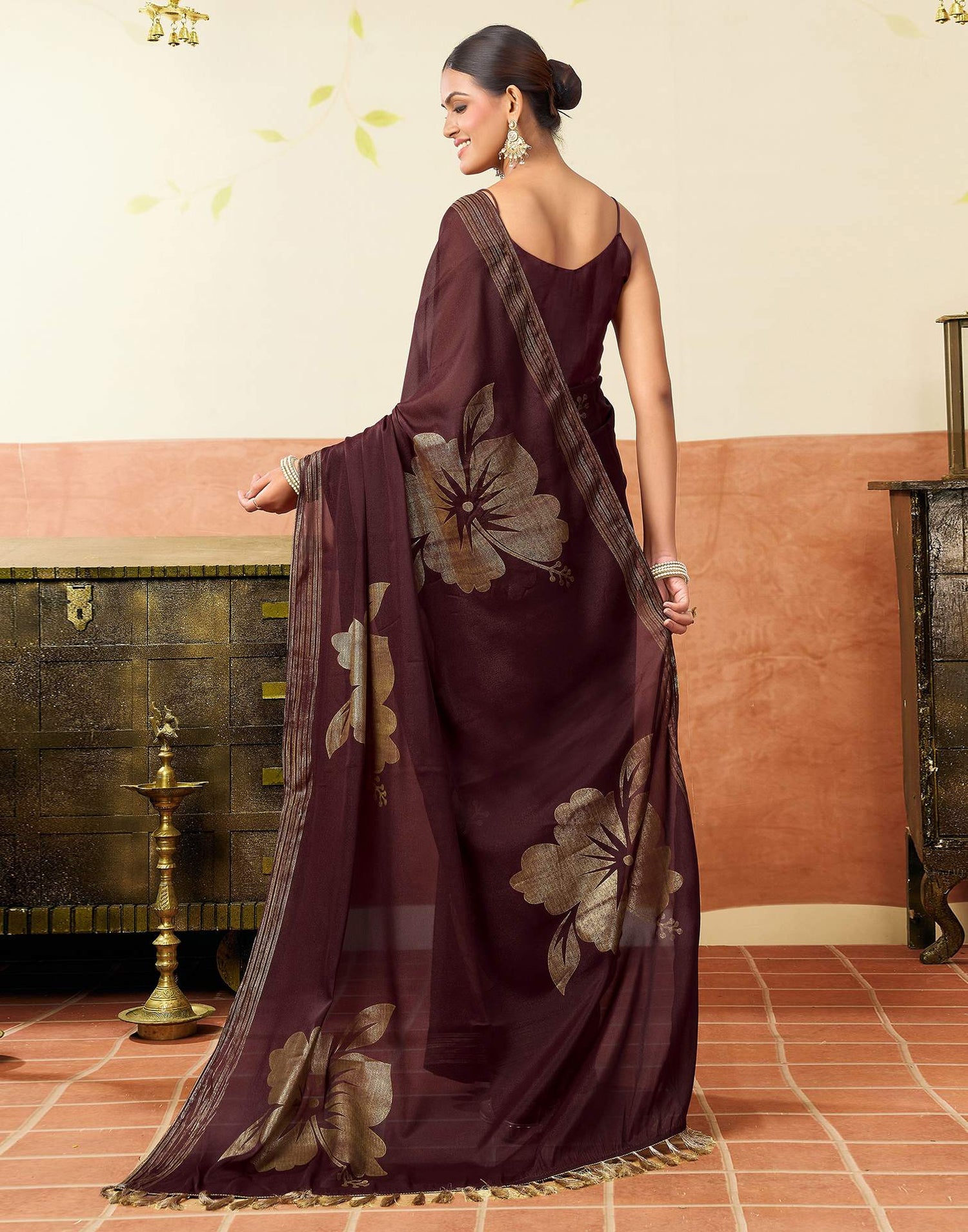 Wine Georgette Foil Printed Saree