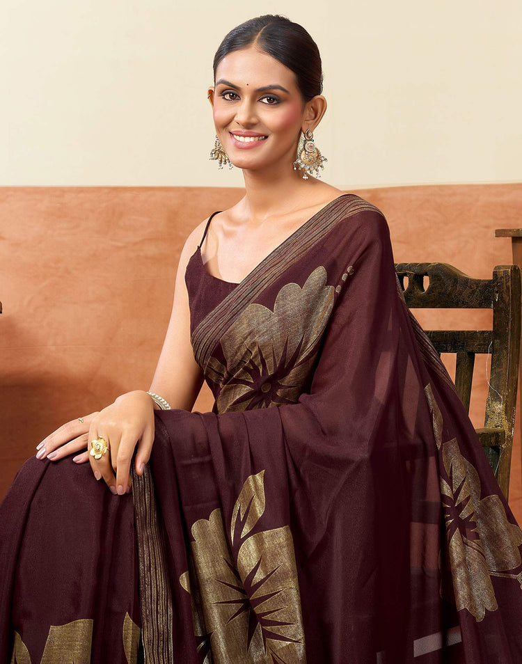 Wine Georgette Foil Printed Saree