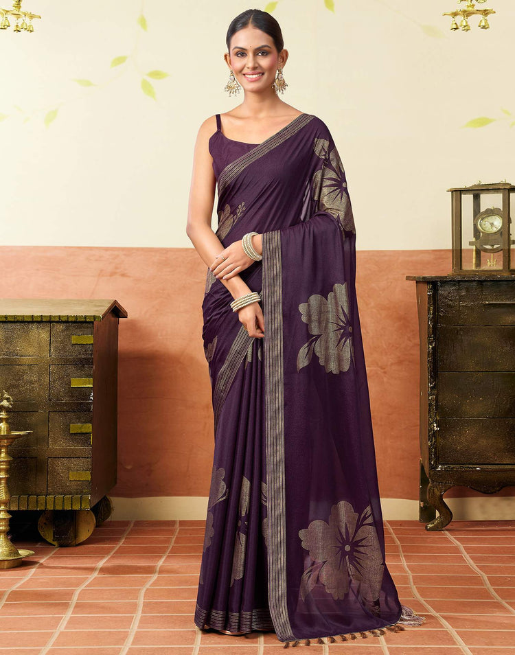 Dark Purple Georgette Foil Printed Saree