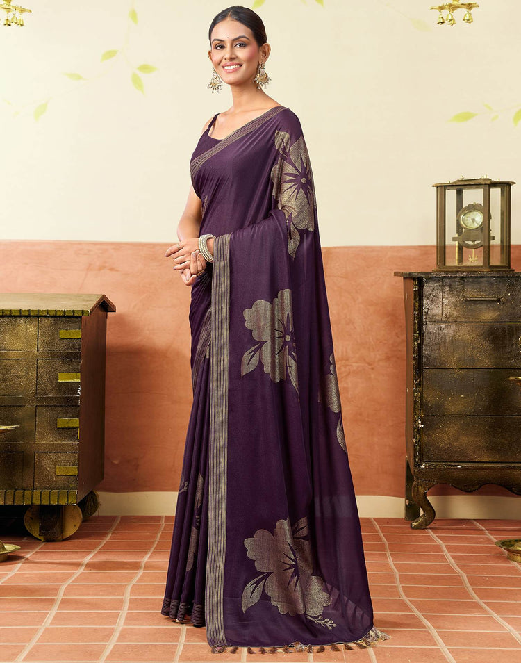 Dark Purple Georgette Foil Printed Saree