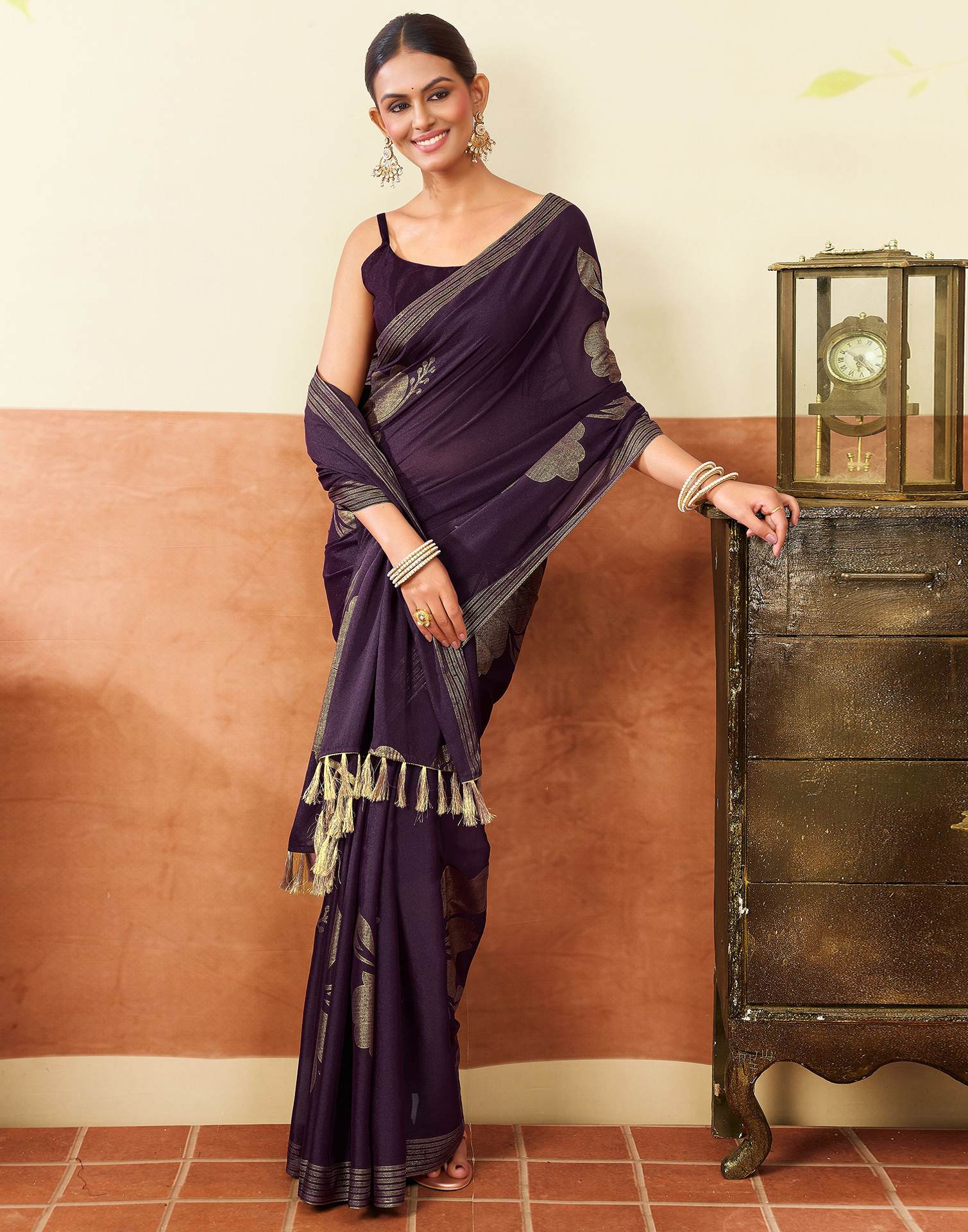 Dark Purple Georgette Foil Printed Saree
