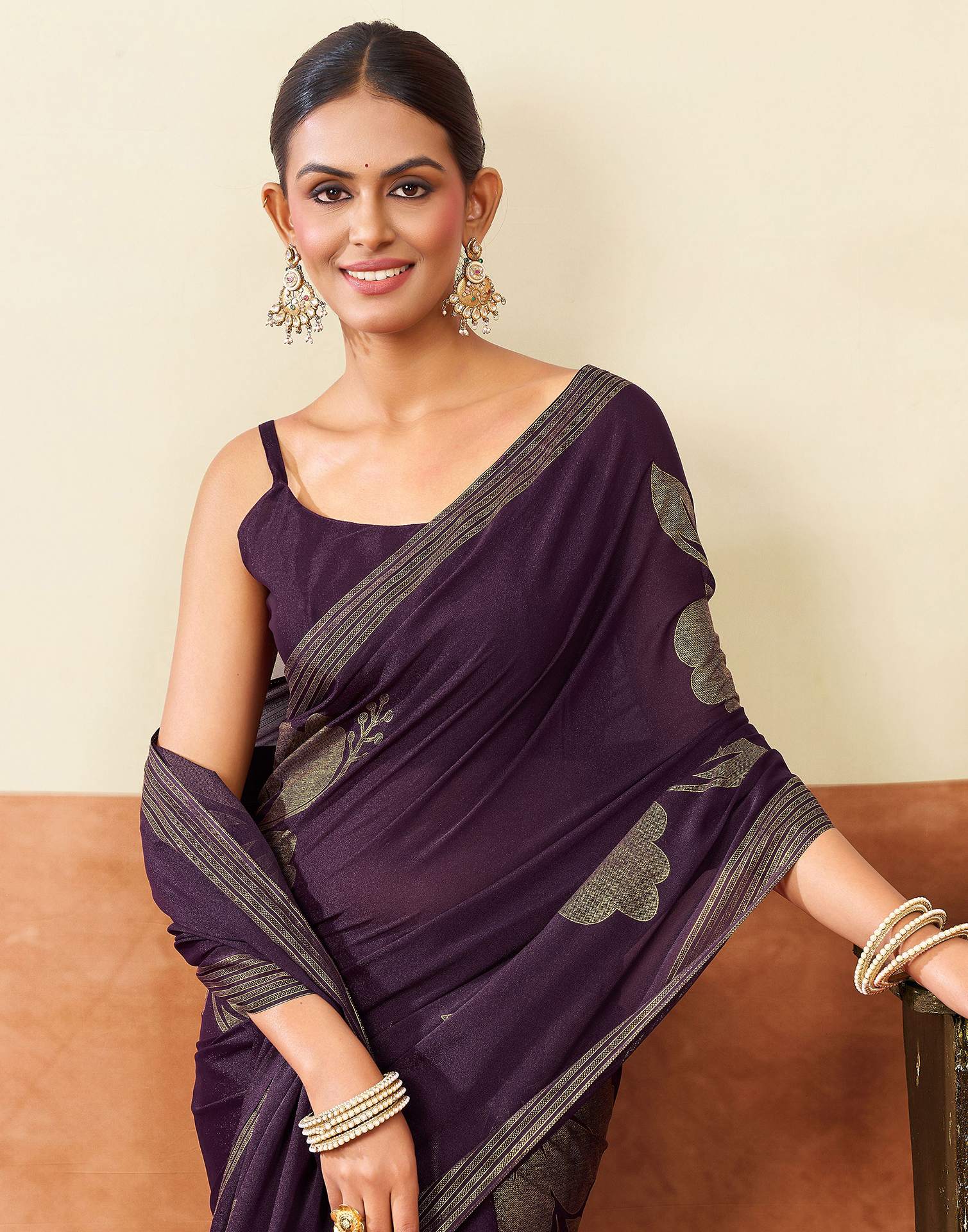 Dark Purple Georgette Foil Printed Saree