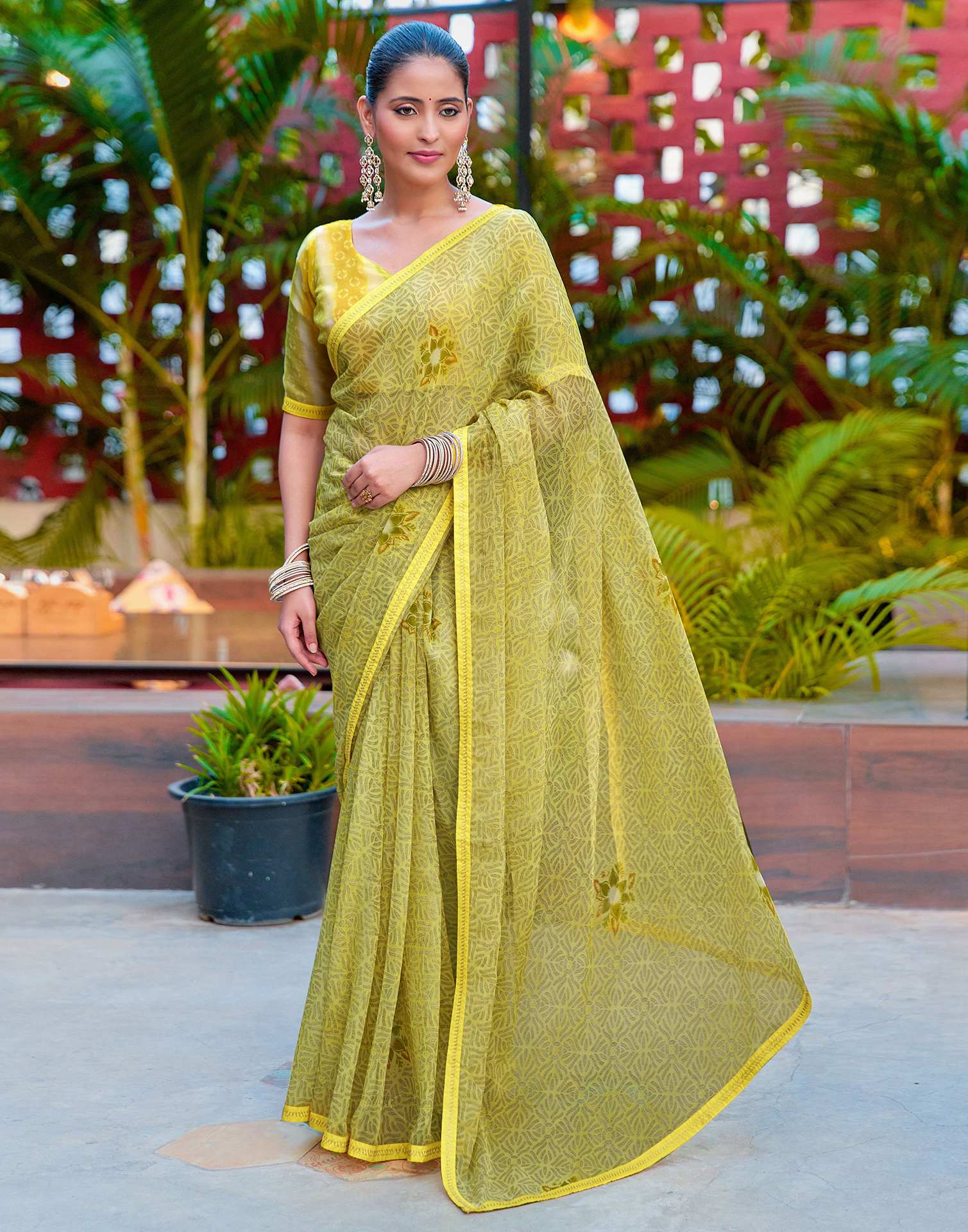 Light Yellow Chiffon Printed Saree