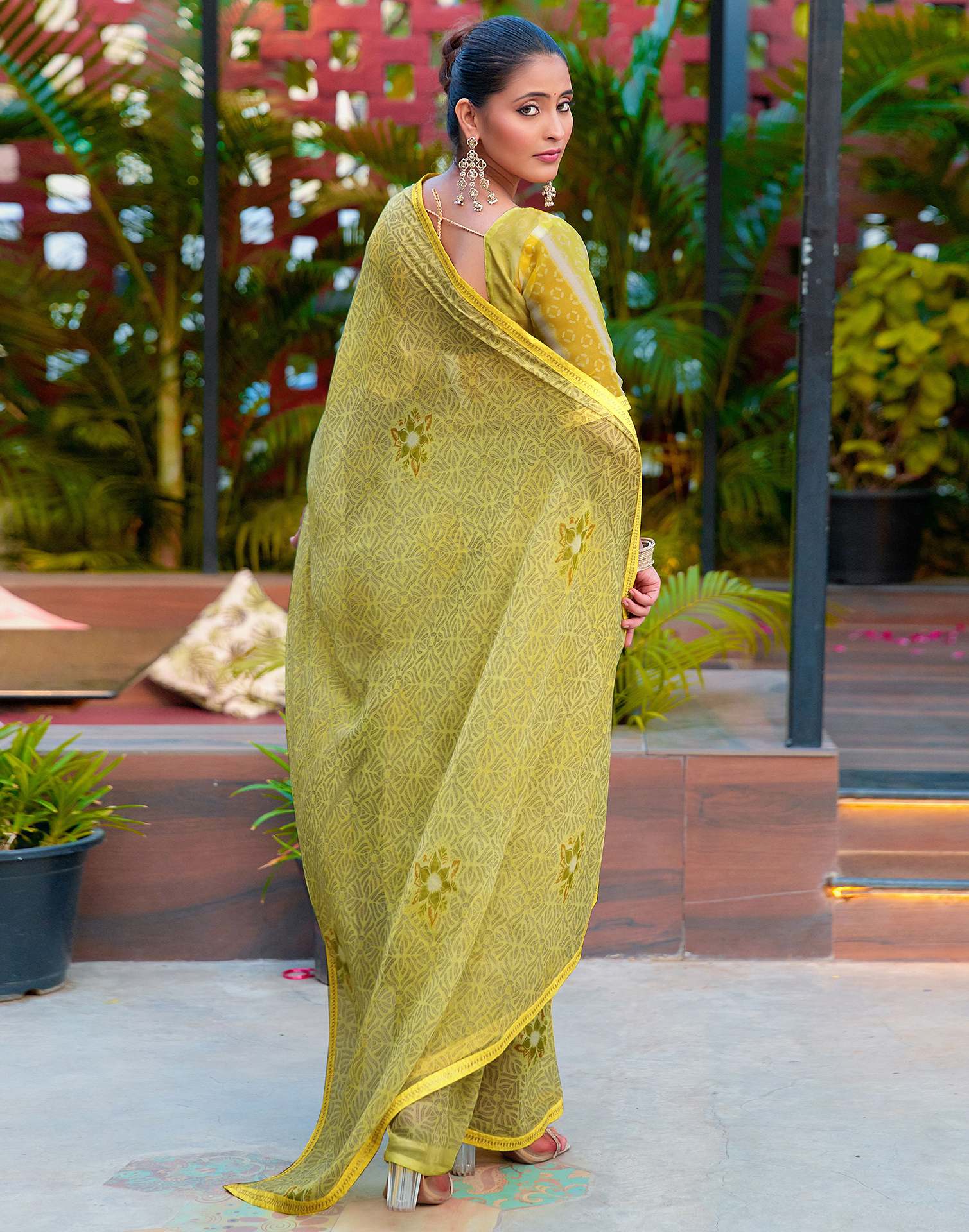 Light Yellow Chiffon Printed Saree