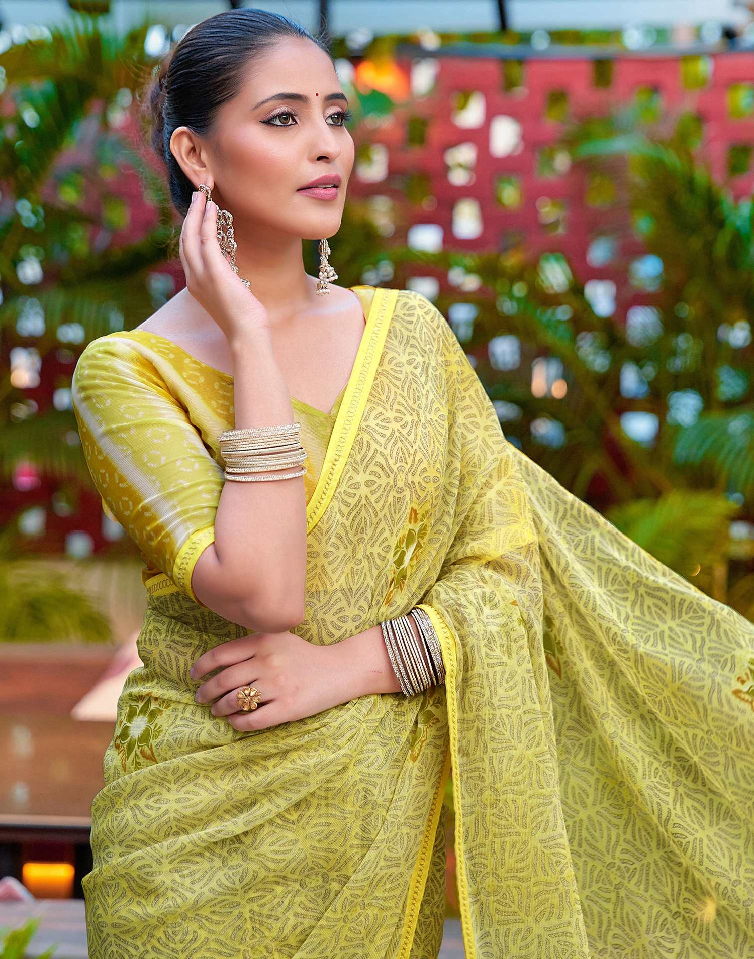 Light Yellow Chiffon Printed Saree