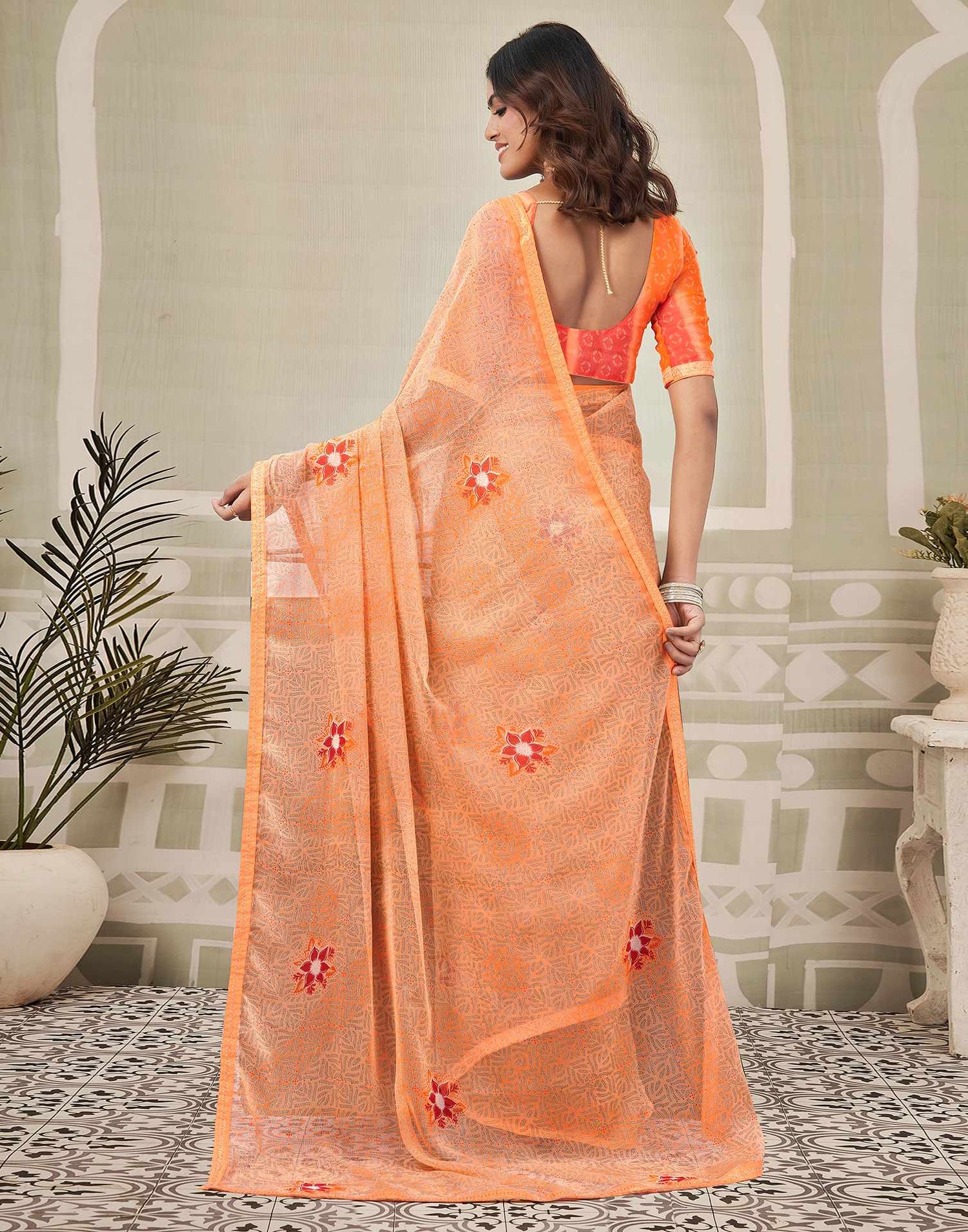 Peach Chiffon Printed Saree