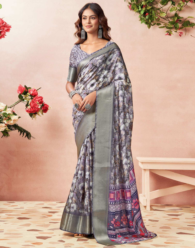 Light Lavender Silk Floral Printed Saree