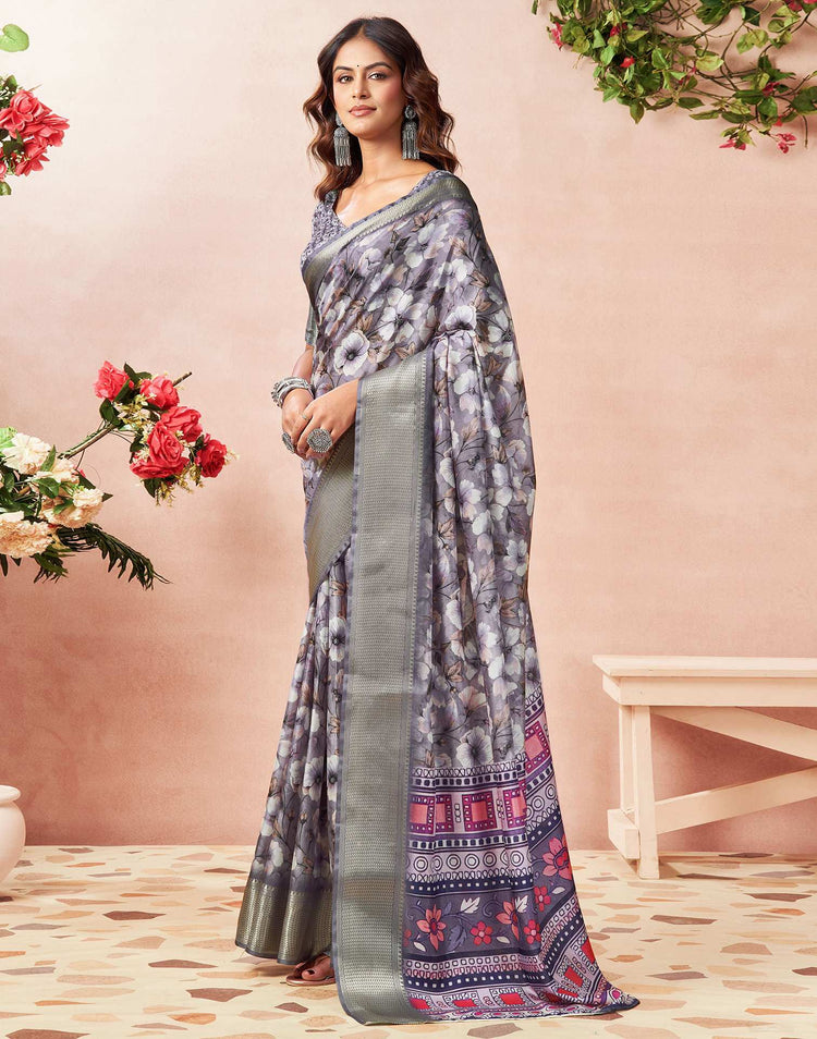 Light Lavender Silk Floral Printed Saree