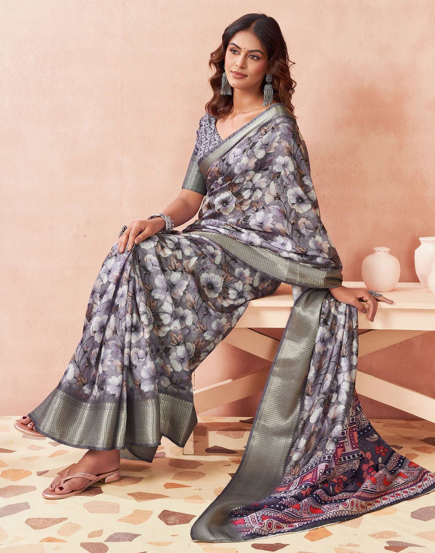 Light Lavender Silk Floral Printed Saree