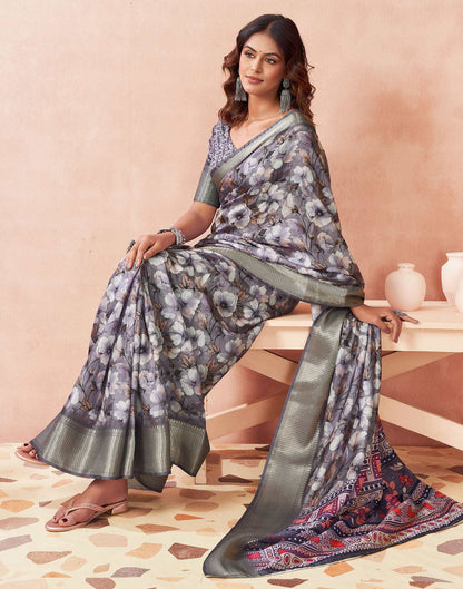 Light Lavender Silk Floral Printed Saree