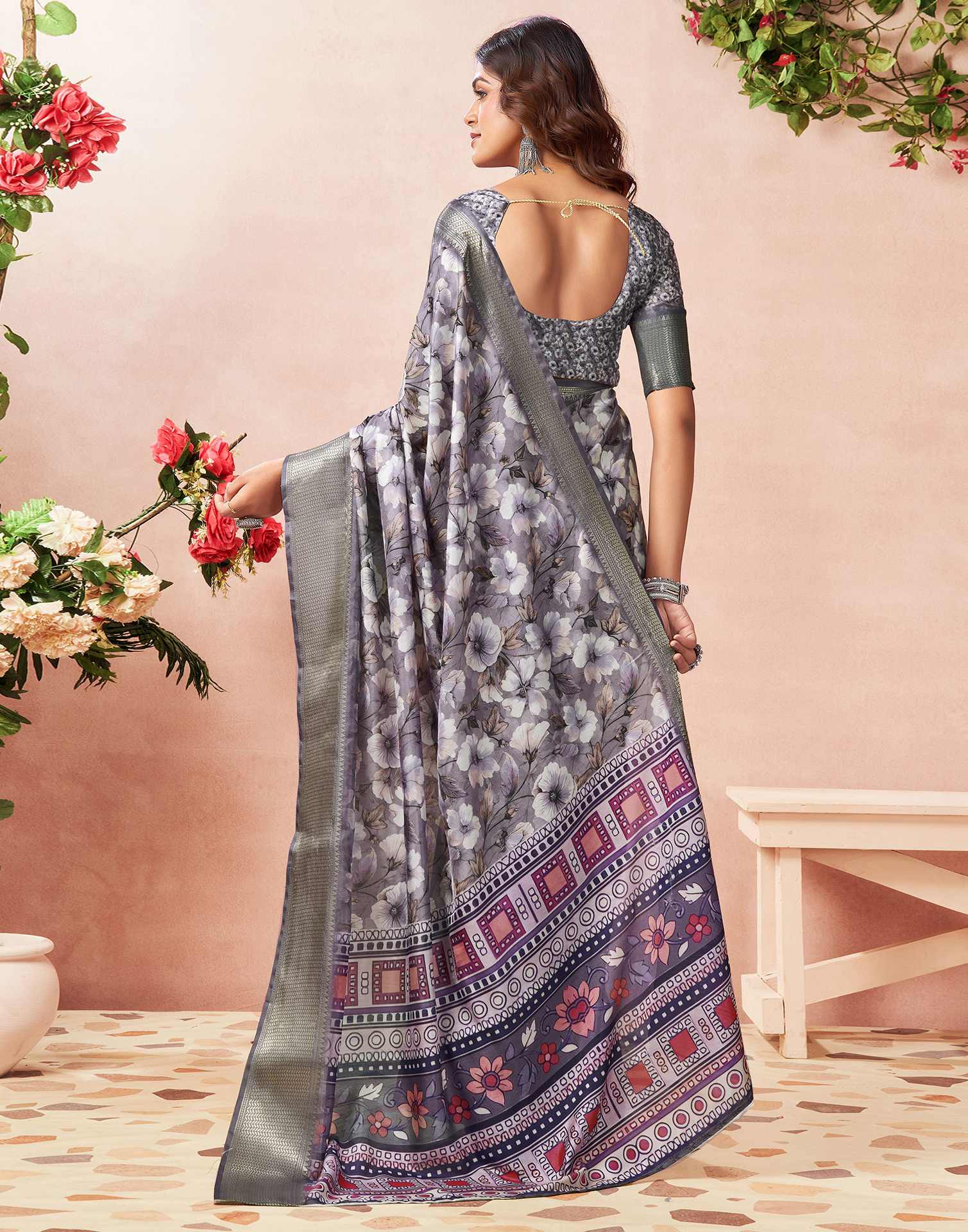 Light Lavender Silk Floral Printed Saree