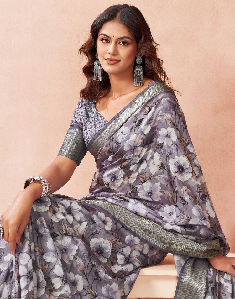 Light Lavender Silk Floral Printed Saree
