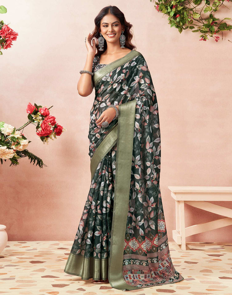 Bottel Green Silk Floral Printed Saree