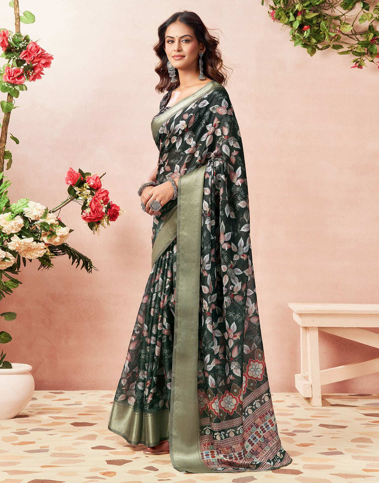 Bottel Green Silk Floral Printed Saree