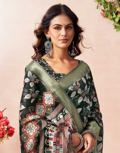 Bottel Green Silk Floral Printed Saree