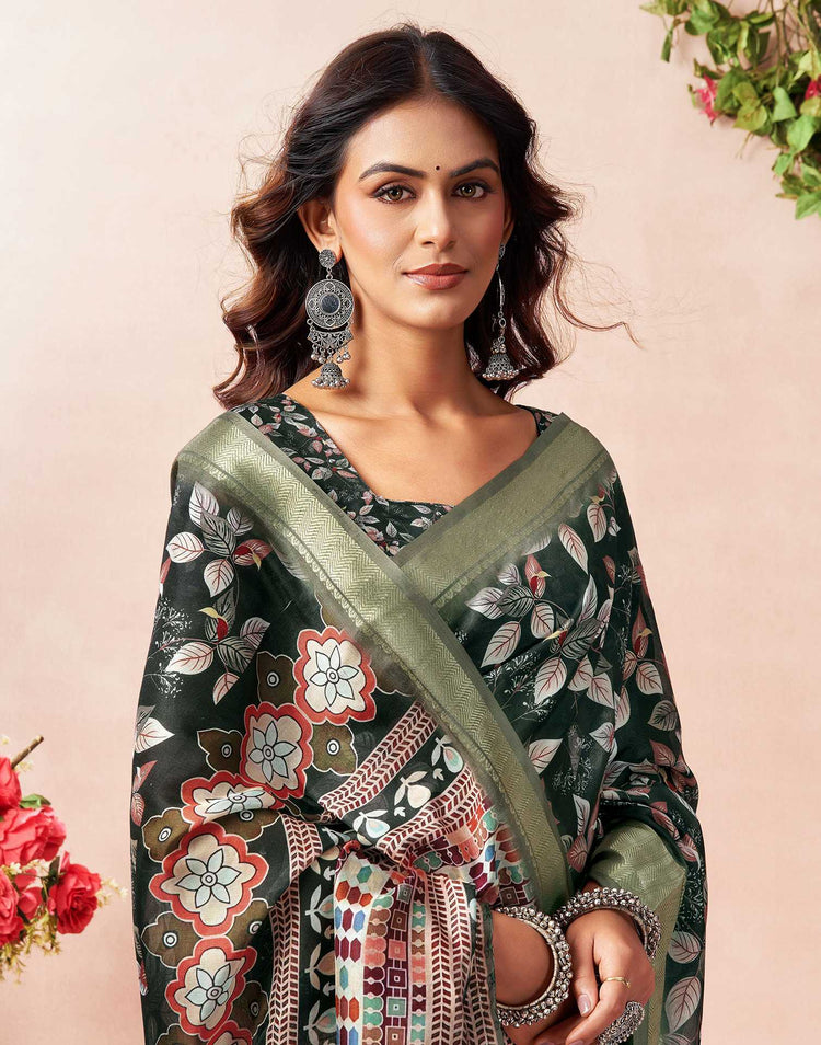 Bottel Green Silk Floral Printed Saree