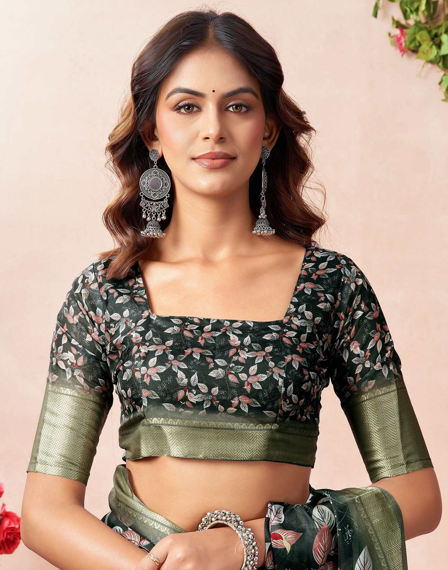 Bottel Green Silk Floral Printed Saree