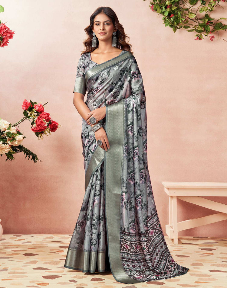 Grey Silk Floral Printed Saree