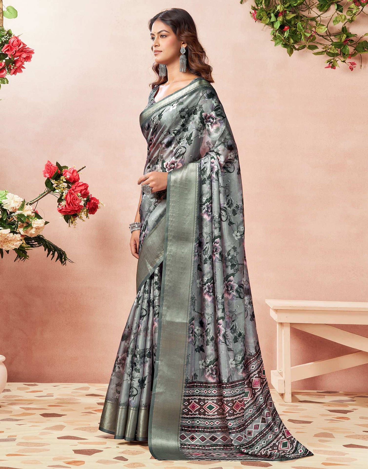Grey Silk Floral Printed Saree