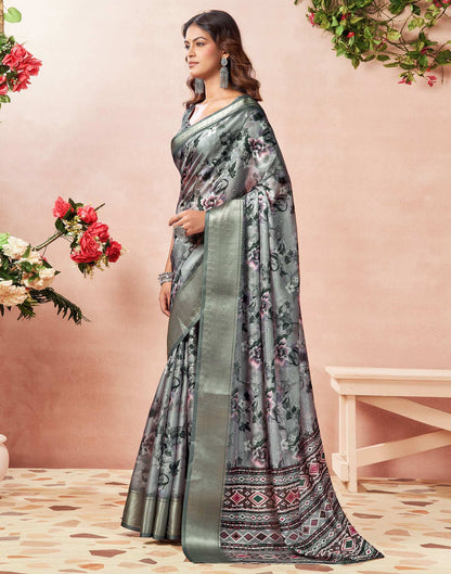 Grey Silk Floral Printed Saree
