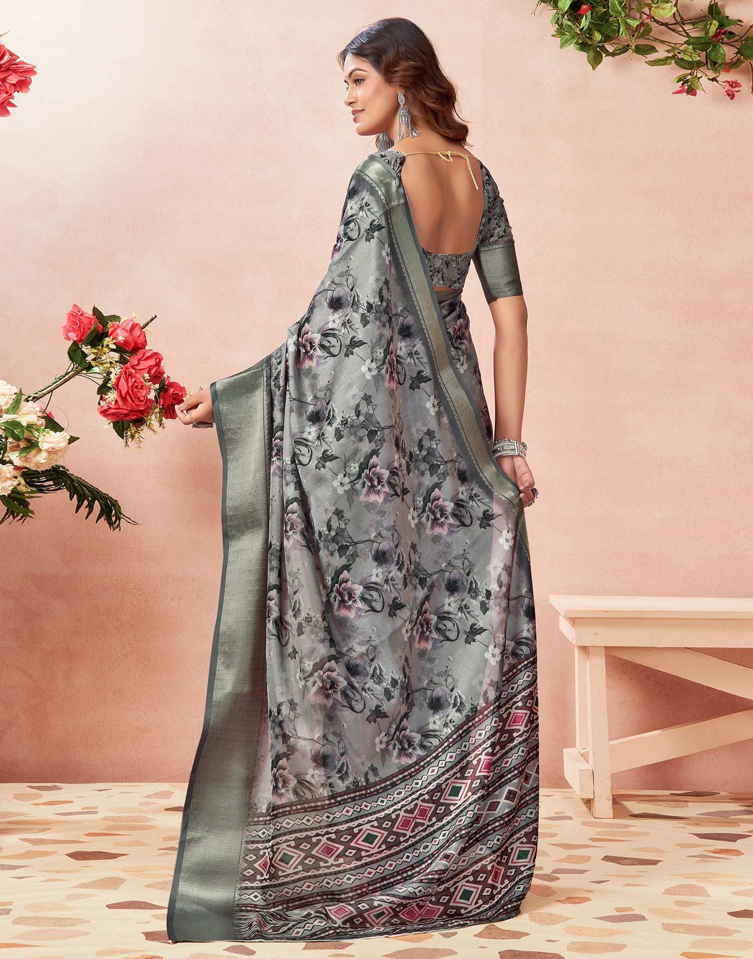 Grey Silk Floral Printed Saree