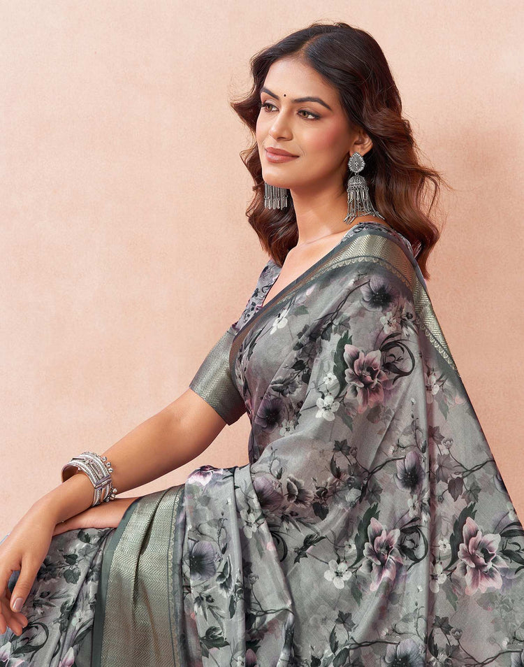 Grey Silk Floral Printed Saree