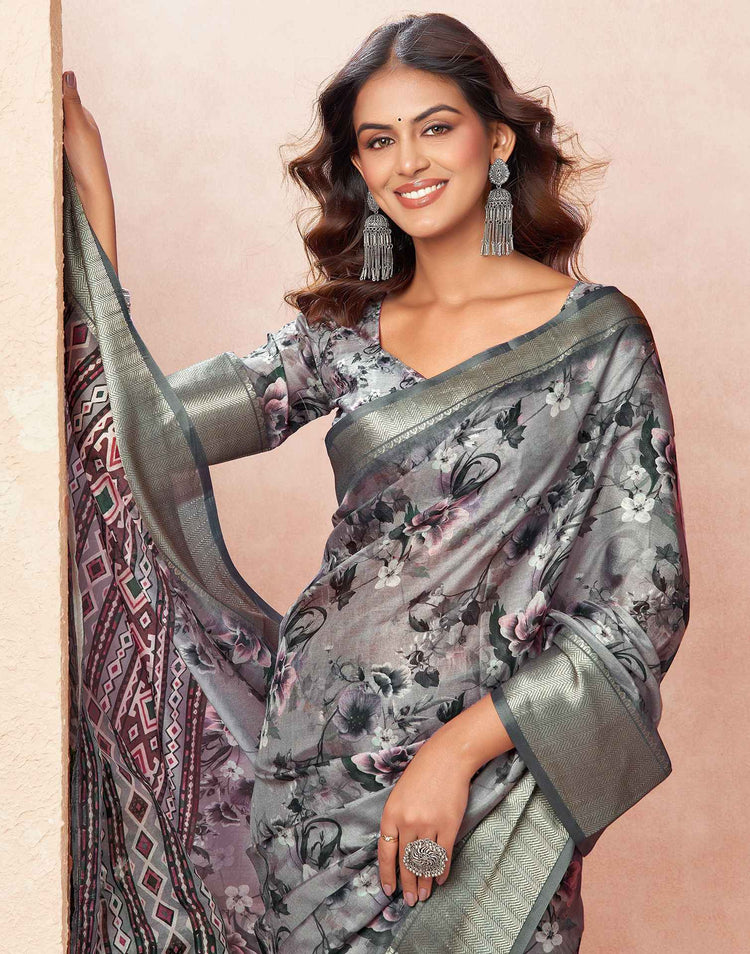 Grey Silk Floral Printed Saree