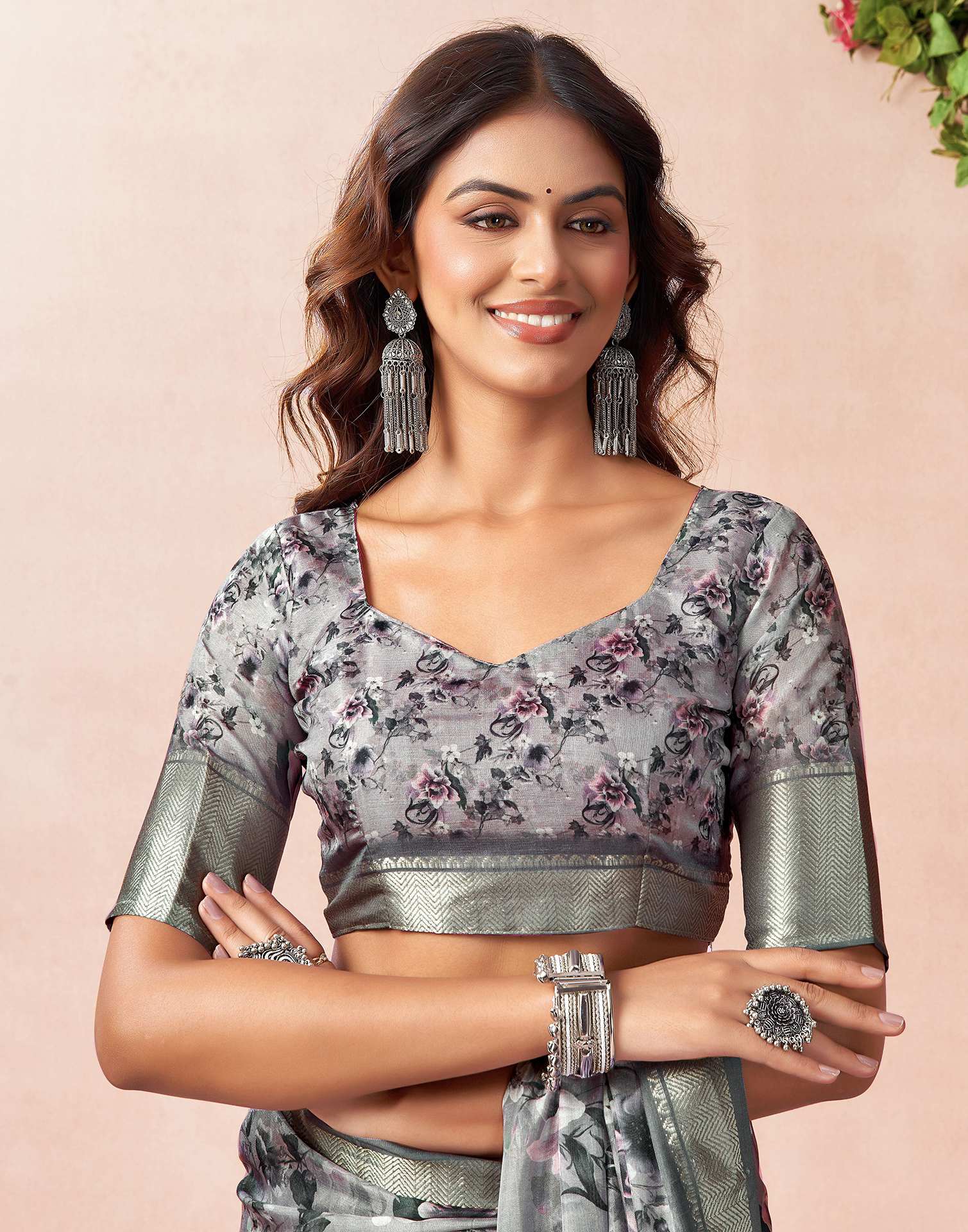 Grey Silk Floral Printed Saree
