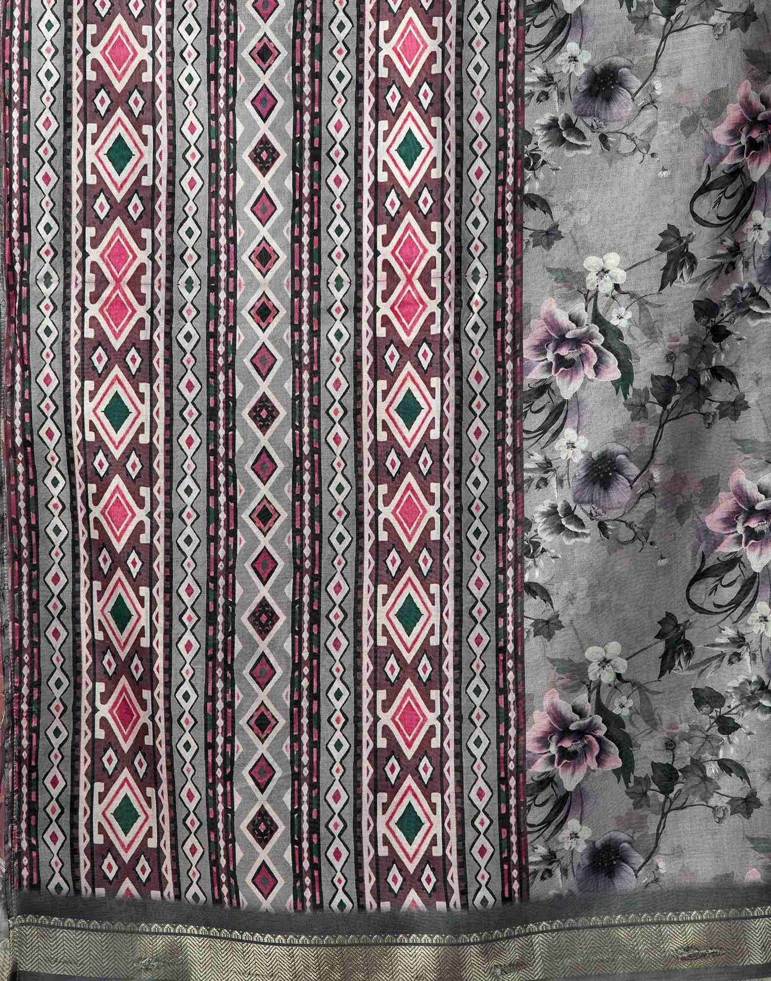 Grey Silk Floral Printed Saree
