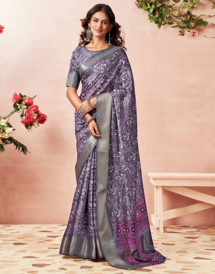 Dusty Purple Silk Floral Printed Saree