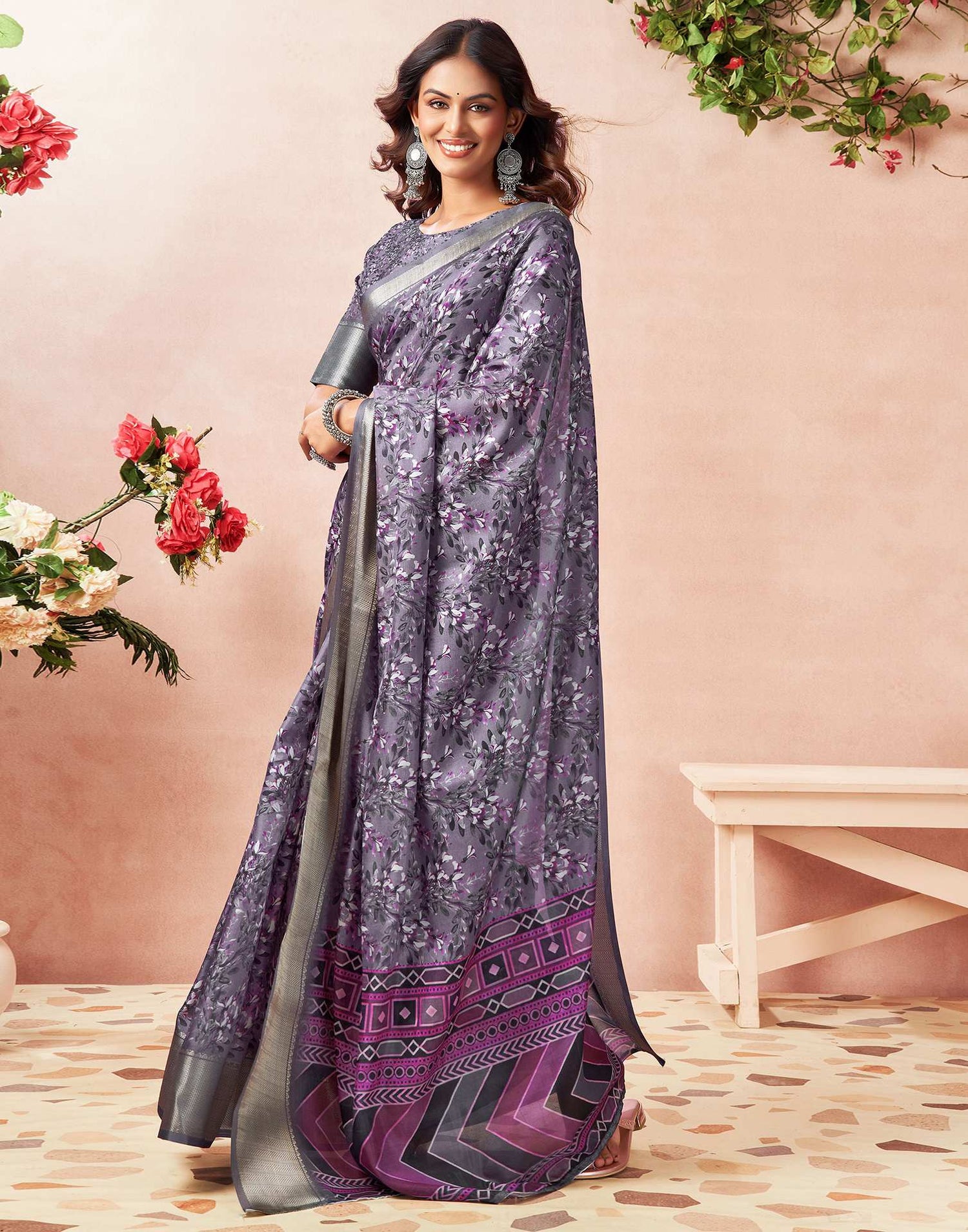 Dusty Purple Silk Floral Printed Saree