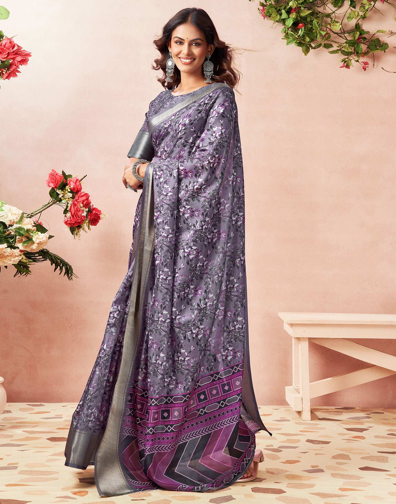 Dusty Purple Silk Floral Printed Saree